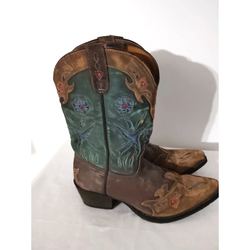 Dan Post Liberty Bird Brown Green Distressed Embroiderd Western Cowboy Boot 5.5Y